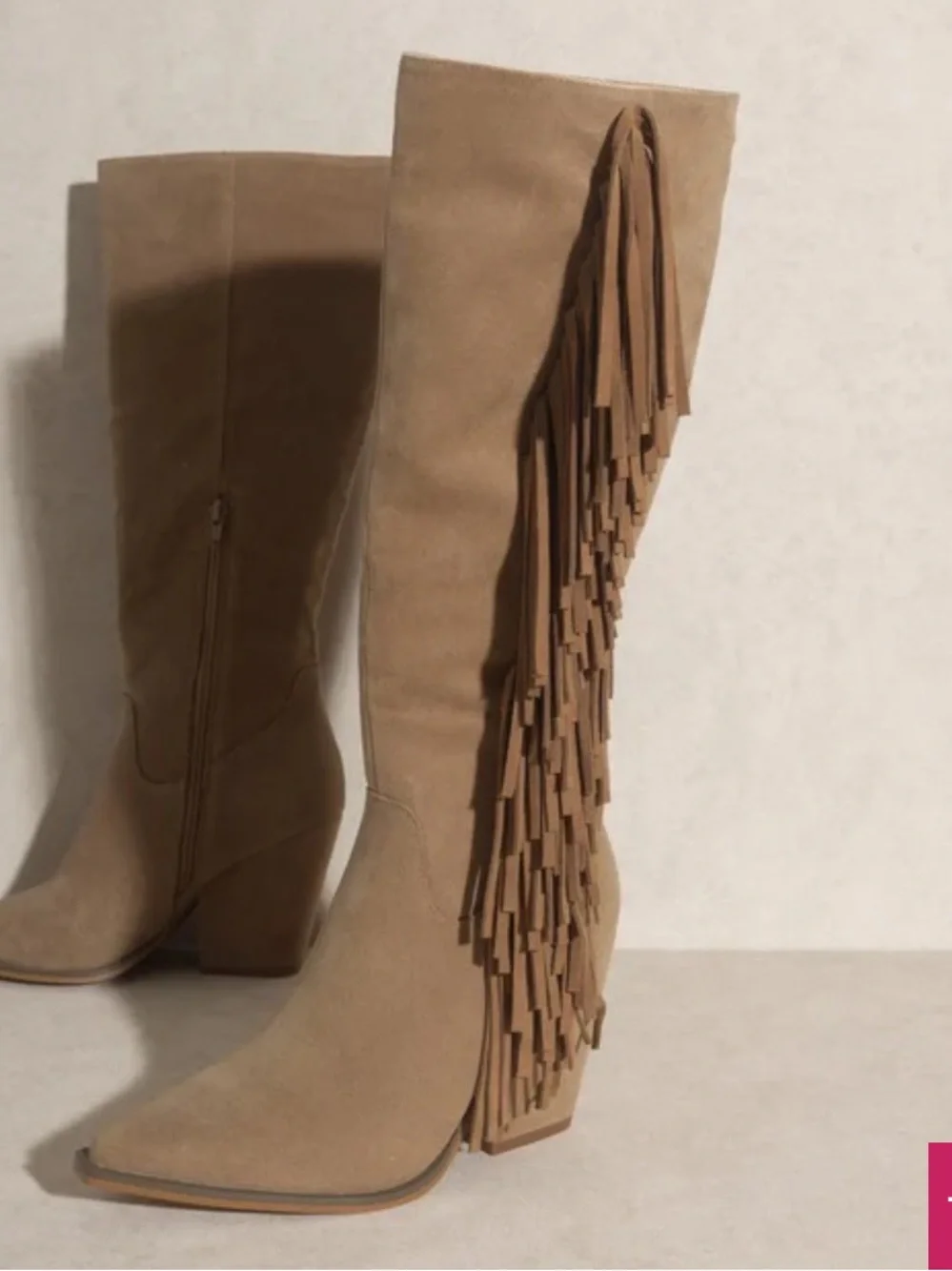 Fringe Tall Suede Boots in Taupe - Women